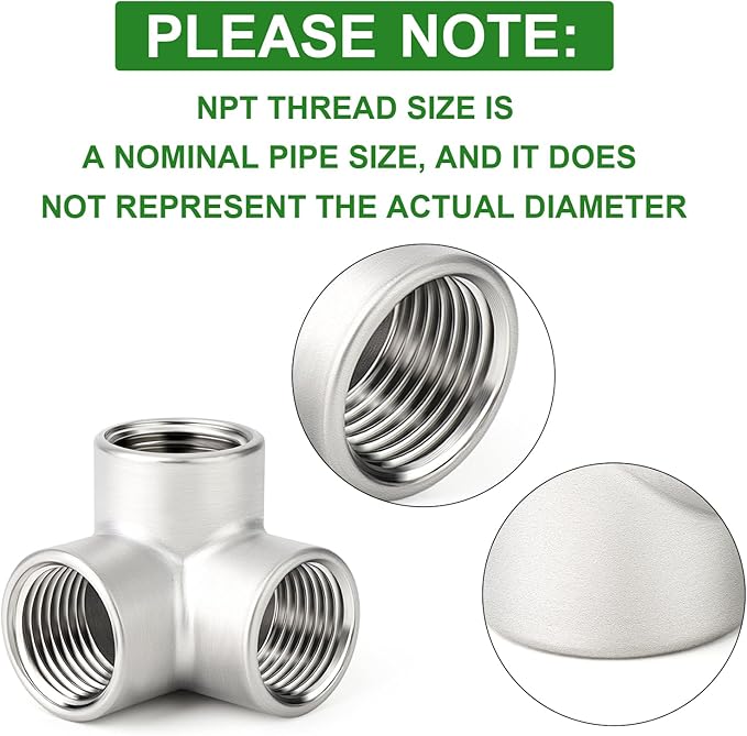TAISHER 2PCS 304 Stainless Steel 3 Way Corner Pipe Fittings, 1/2" x 1/2" x 1/2" NPT Female Pipe Fittings