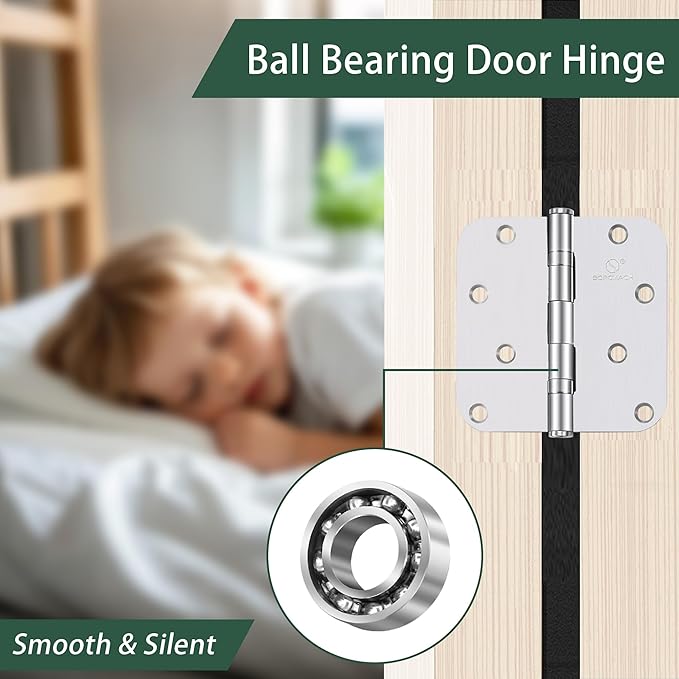 304 Stainless Steel 4 Inch Door Hinges Brushed Satin Nickel Interior Hinges 5/8" Radius Corners 3.5'' Ball Bearing Silver Door Hinges- 3 Pack