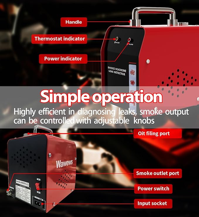 Automotive Smoke Machine Leak Detector, Evap Vacuum Smoke Diagnostic Tester with Built-in Air Compressor, Pipeline Fuel Leakage Detector Compatible with 12V DC Vehicles