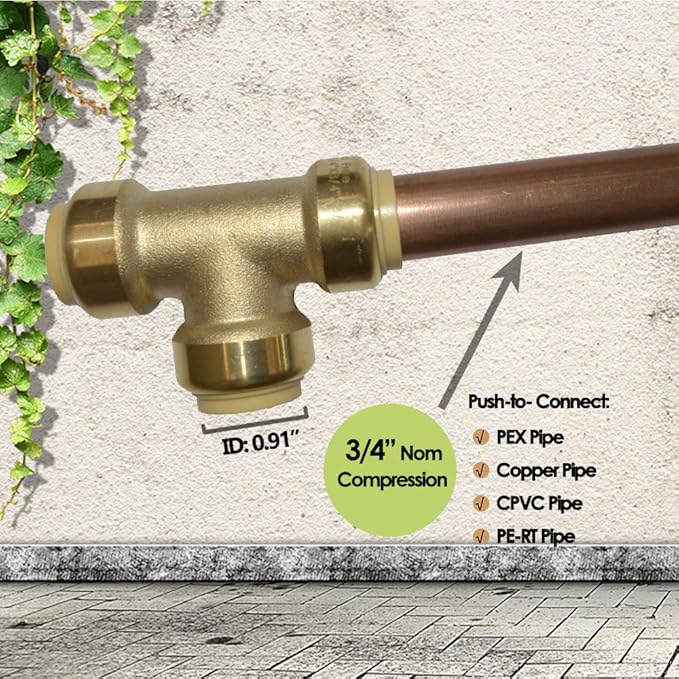 HQMPC 3/4" Pex Tee Push Fit Plumbing Fitting, Brass, 6pcs, Push-to-Connect, UPC Certified