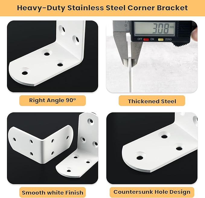 Alise 4Pcs Stainless Steel L Brackets for Shelves White, Small Floating Shelf Brackets, 90 Degree Right Angle Bracket, Heavy Duty Metal L Bracket Corner Brackets for Wood Furniture (2.56X2.56 in)