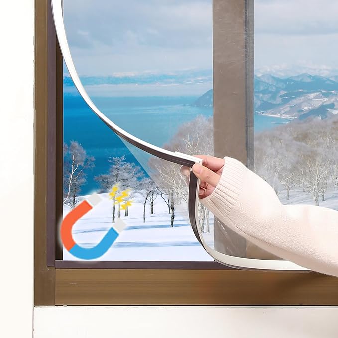 DIY Magnetic Window Insulation kit Transparent Film with White Frame Max 61"X59" Fits Any Size Smaller Coverings to Keep Cold Out Storm Warm in Winter