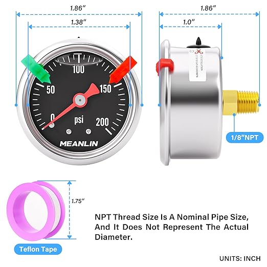 MEANLIN MEASURE 0~200Psi Black Stainless Steel Pressure Gauge, Glycerin Filled 1/8" NPT 1.5" FACE DIAL, Liquid Filled Pressure Gauge WOG Water Oil Air Back Mount (with 2PCS Snaps)