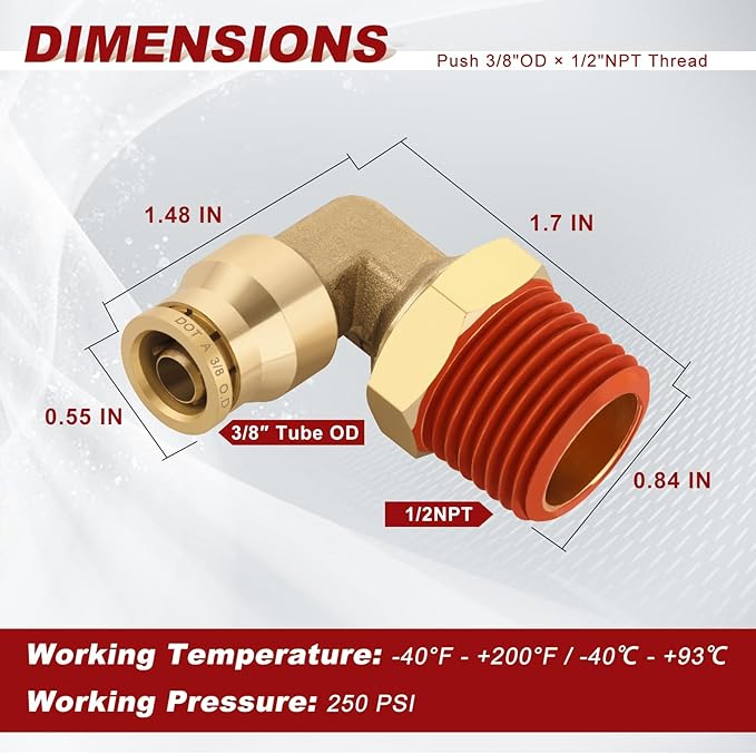 3/8" Quick Push to Connect Fittings Brass 90 Degree Union Swivel Elbow Joint DOT Approved 3/8" Tube OD x 1/2" NPT Thread Air Brake Line Adapter Air Suspension Kit for Car Truck Trailers 2pcs