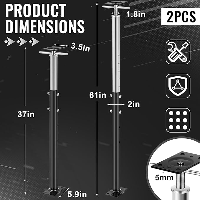 2 Pcs Adjustable Jack Post, 37"-61" Height Range, Basement Floor House Screw Jacks for Lifting Joist Beam Brace for Cellar Ceiling, Center Point Load Capacity 11023 Lbs, Black