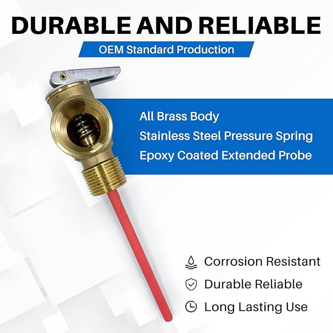 Upgrade 3/4" NPT Thread 210°F 150 PSI Temperature Pressure Relief Valve for Suburban RV Water Heaters, Thickened Brass Safety Valve for Hot Water Heaters and Tanks with Extended Probe