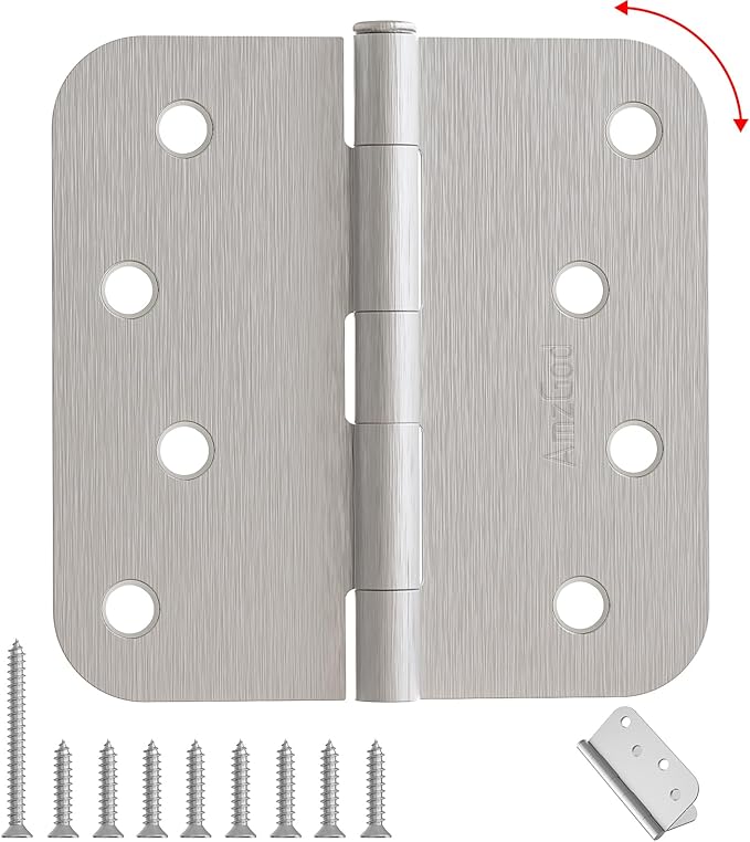 4" X 4" Nickel Door Hinges – 6 Pack Brushed Nickel Door Hinges with 5/8" Radius, Rounded Interior Heavy Duty 4 Inch Exterior & Front Door Hinge for Residential Use