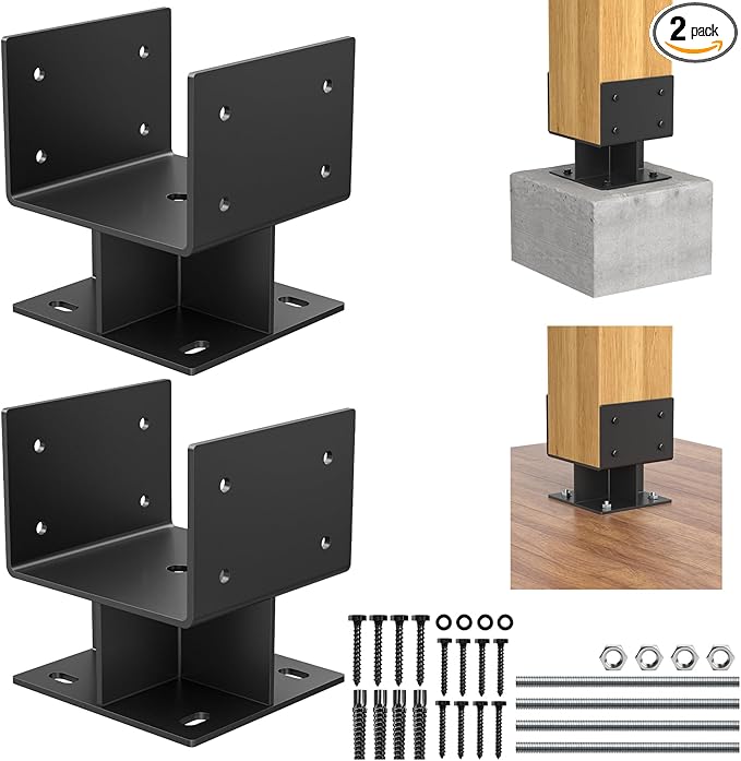 6"x 6" Concrete Post Base, 2Pcs Stainless Steel Adjustable Post Anchor Bracket (Internal 3.5 x 3.5), U-Shape Wood Post Base Holder for Pavilion Deck Porch Handrail Railing Support
