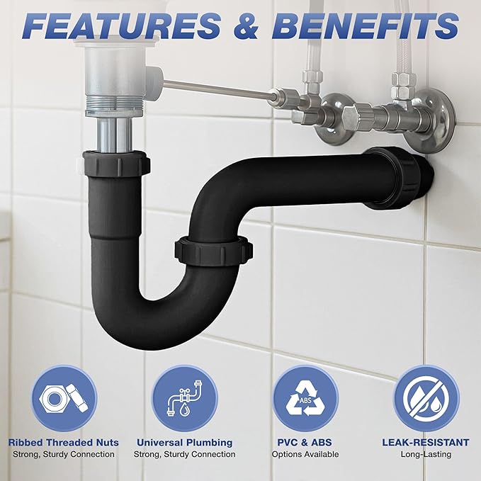 1-1/2 Inch P-Trap Kit, Polypropylene Tubular with ABS Marvel Adapter, Ribbed Threaded Nuts for Strong Leak-Free Connection, Includes J-Bend, Wall Arm & Washers, Made in USA
