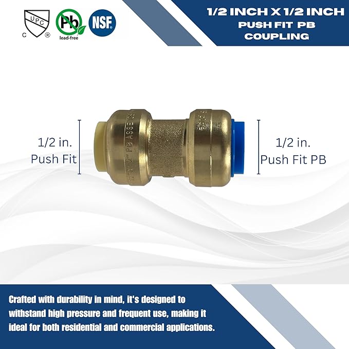 10 PIECES XFITTING 1/2" X 1/2" PB (POLYBUTYLENE) CONVERSION PUSH FIT COUPLINGS - BRASS