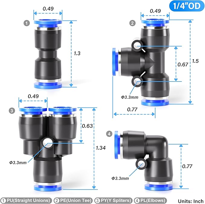 TAILONZ PNEUMATIC 1/4 Inch OD Push to Connect Fittings Pneumatic Fittings Kit 8 Spliters+10 Elbows+8 tee+10 Straight (36 pcs)