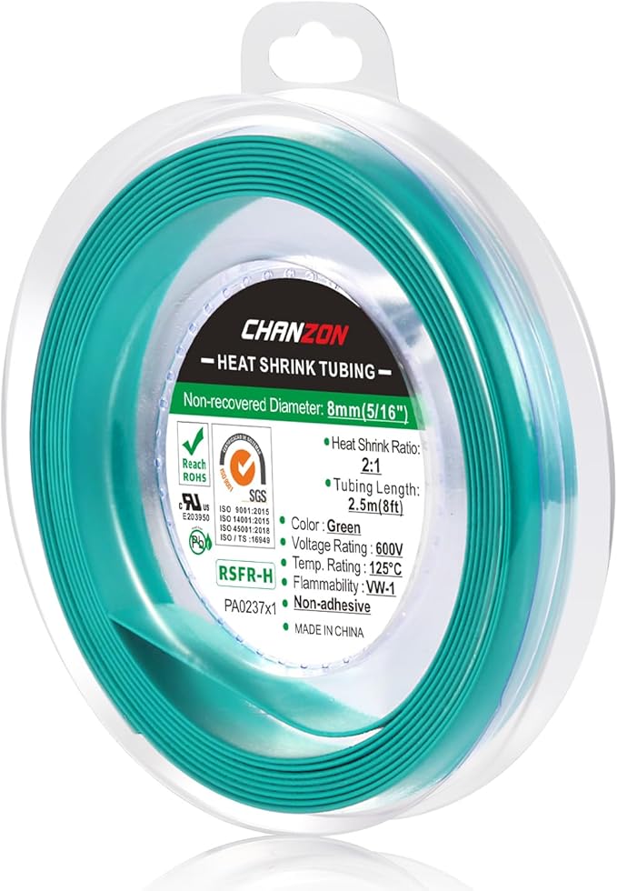 Chanzon 2:1 Ratio 5/16" (8mm) Heat Shrink Tubing 8Ft Roll (2.5M Total Length) Green Polyolefin Sleeving Wrap Shrinking 2 to 1 1pcs