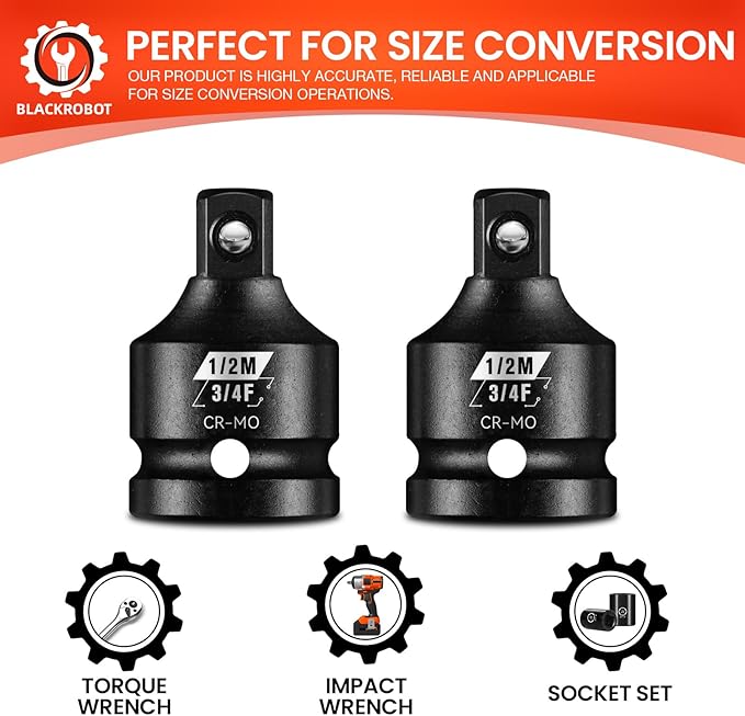 BLACKROBOT 2 Pieces 3/4” F To 1/2” M Impact Socket Adapter Set, SAE Drive Cr-Mo Steel Exceeds ANSI Standards, Square Drive Socket Reducer for Impact Driver Wrench
