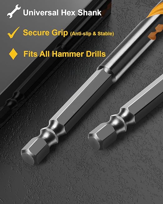 10PCS 6-Inch Masonry Drill Bit Set, YG10X Carbide Concrete Drill Bits, Shockproof Hex Shank for Tile/Brick/Cement/Glass, 5/32"-1/2", Heavy-Duty