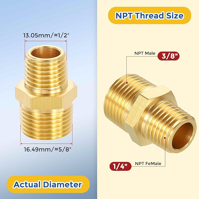 2 Pack Brass Pipe Fittings, 3/8" NPT Male to 1/4" NPT Male Brass Hex Nipple, Male Pipe Adapter Reducer for Air, Oil, LP