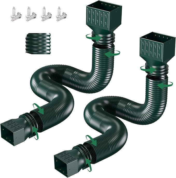 2 Pack Rain Gutter Downspout Extensions, Upgraded Flexible Drain Down Spout Extender for Rain Water Drainage, Each Extendable from 20" to 66", Combine to 10 ft with Connector(Green)