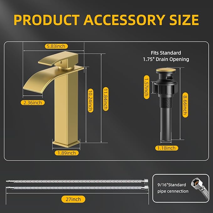 Rywuanku Tall Brushed Gold Bathroom Faucet Waterfall Spout, Single Handle Sink Faucet with Pop-up Drain & Deck Plate, Modern 1 Hole Vanity Faucet for Vessel Sink