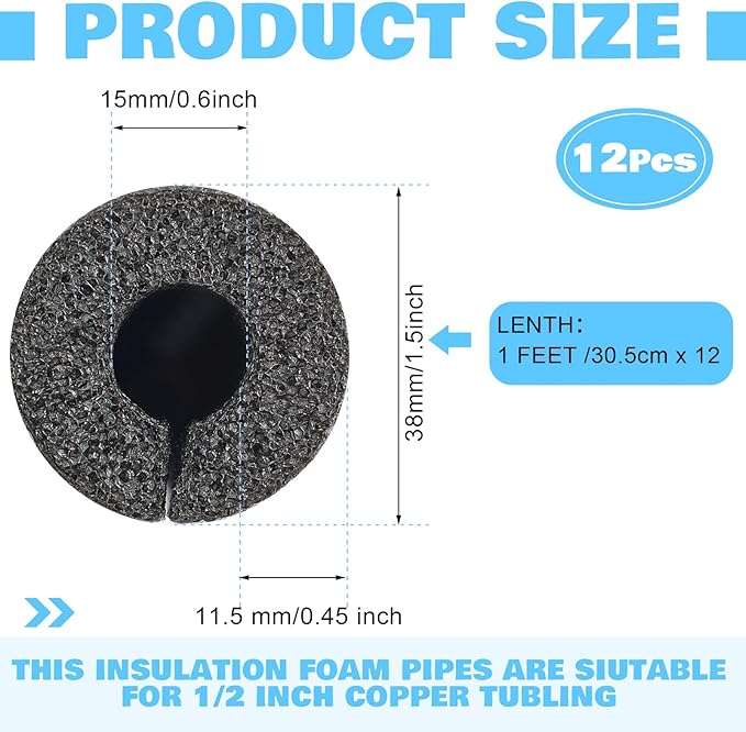 Amylove 12 Pcs 1 Feet Foam Pipe Insulation Foam Tube Insulating Water Pipe Pool Swim Noodles Pre Slit Heat Preservation Pipes Covers for Tubing Outdoor Winter Freeze Protection(Black, 1/2 Inch)