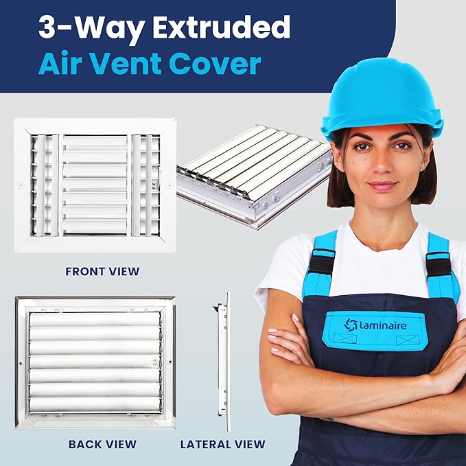 10x8 Inch (Duct Opening) Aluminum 3-Way Air Flow Vent – HVAC Vent Cover for Wall or Ceiling – Quiet HVAC Wall Register with Multi-Shutter Damper – Adjustable Curved Blade - Plastic Seal for Tight Fit