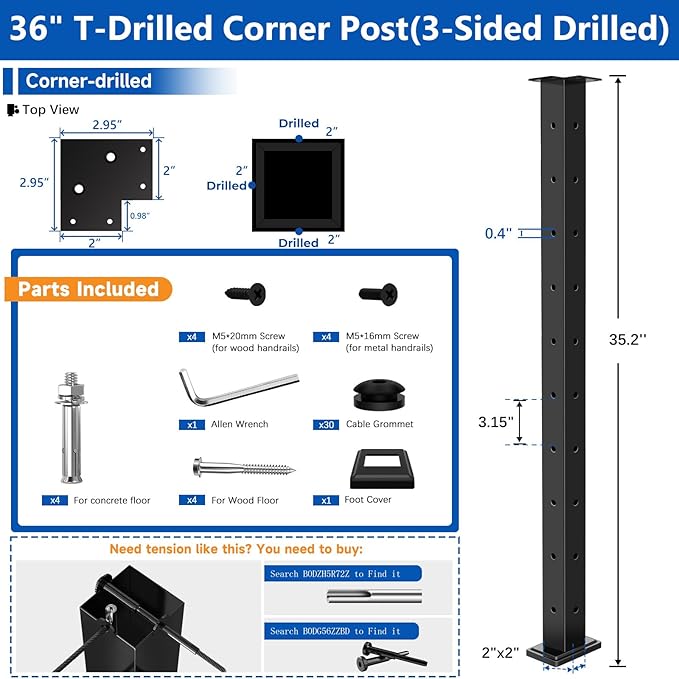 Upgraded Swageless T-drilled Corner Cable Railing Post 36" (Post 35"x2"x2"), Three Sides Fixed Top Mount Corner Post with Cable Grommets, T304 Stainless Steel, Outdoor Finish for Decks