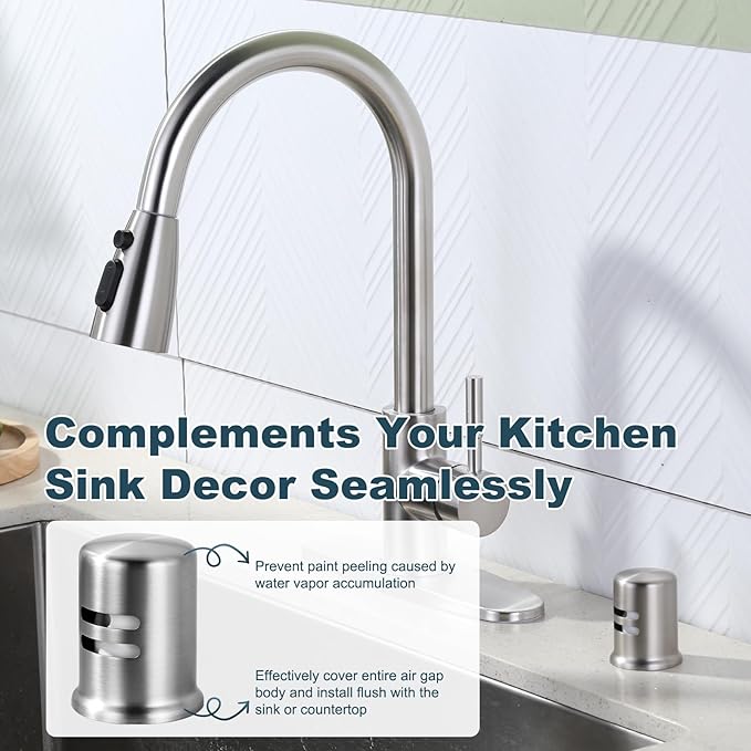 Dishwasher Air Gap Cover for Kitchen, Solid Brass Air Gap Cap with Skirted Design, Dishwasher Overflow Vent Cap Replacement Only, Brushed Nickel