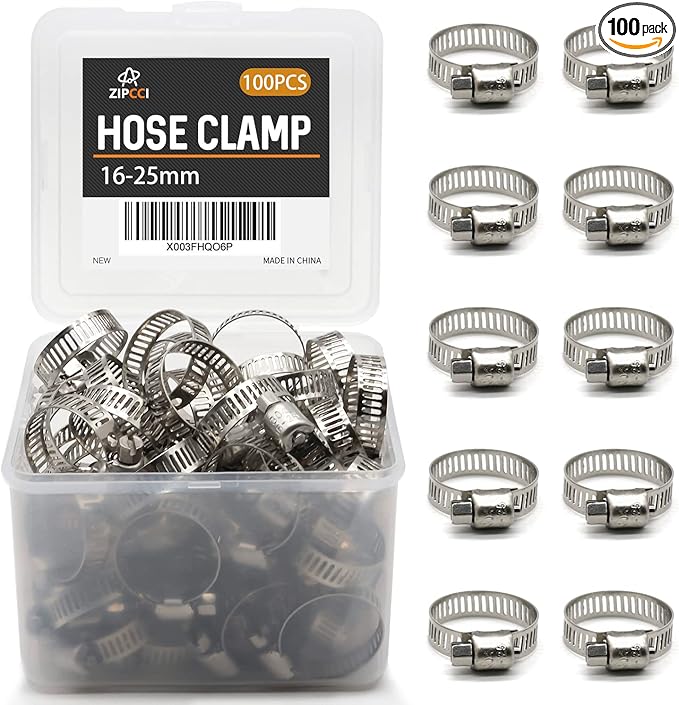 Hose Clamp, 100 Pack Stainless Steel Hose Clamps Worm Gear Fuel Line Pipe Clamps, 16-25mm (5/8-1 inch)