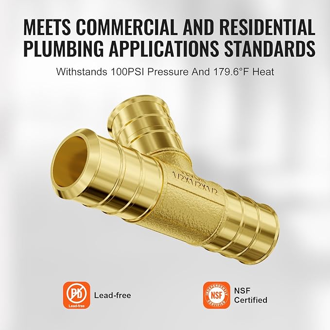 VEVOR Pipe Fittings, 1/2" 50PCS Brass Pipe Fittings, Clamp-style Tee Pipe Connector Brass Air Fittings, Heavy Duty Plumbing Fittings Tube Adapter for Heating/Shower Systems,Outdoor Water Pipes
