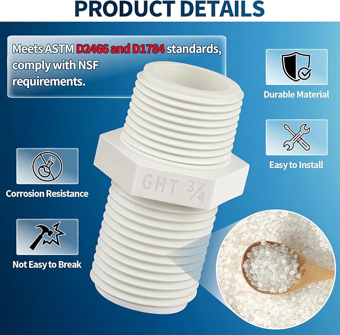 Boltigen 10Pcs 3/4 Inch PVC Pipe Fitting Hex Nipple, 3/4 NPT X 3/4 GHT Garden Hose Adapter, Sch40 PVC Coupling Adaptor Connector
