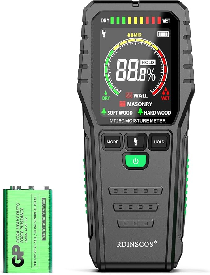 RDINSCOS Moisture Meter detects moisture from leaks, flooding, or high humidity in basements, bathrooms, kitchens and drywall