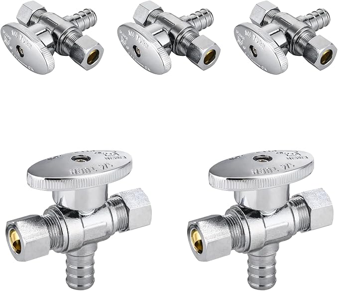 5-Pack Foskan Dual Outlet Angle Stop Valve,1/4 Turn Shut off Valve,1/2" PEX x 3/8" OD x 3/8" OD,Chrome Plated Brass