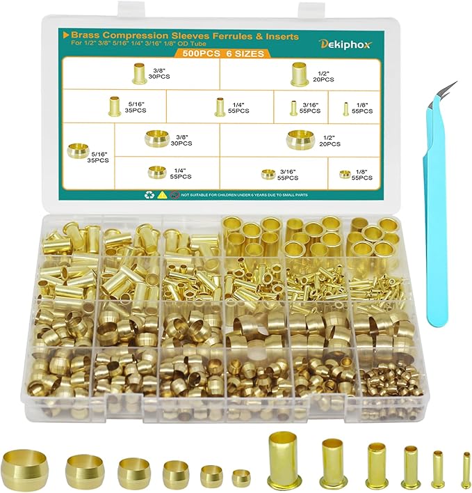 500PCS Brass Compression Sleeves Ferrules Inserts Kit 1/2" 3/8" 5/16" 1/4" 3/16" 1/8" Tube OD, 6 Sizes Air line Fittings Assortment Kit for Air Water Fuel Oil and Inert Gases Line
