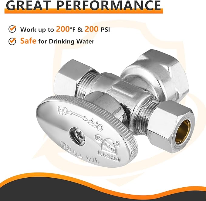 5-PCs HeSun Dual Compression Outlet Angle Stop Valve, 1/2" FIP x 3/8" OD Comp x 3/8" OD Comp, 1/4-Turn Shut Off Valve for Bathroom, PEX Chrome Plated Brass(VALVE369)