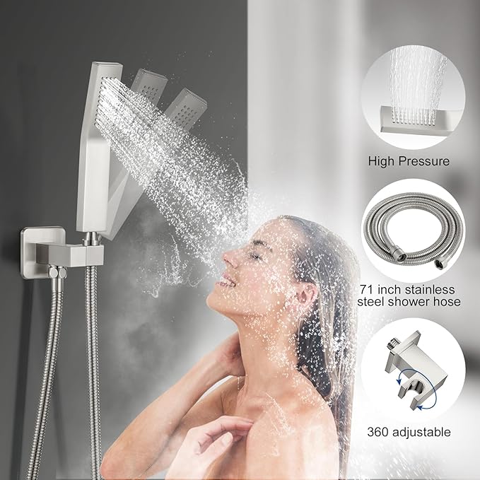 JOMEOO® 12 Inch Brushed Nickel Shower System, Ceiling Mounted High Pressure Rain Shower Head with Handheld Sprayer, Bathroom Luxury Rainfull Shower Head Shower Faucet Set Rough in Valve Body and Trim