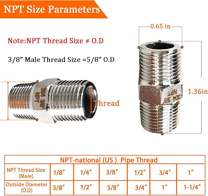4PCS Hex Stainless Steel Nipple 3/8"NPT Male X 3/8" NPT Male Pipe Fitting 3/8 inch Stainless Steel Pipe Nipples Male Pipe Adapter Fittings Heavy Equal Nipples Connectors