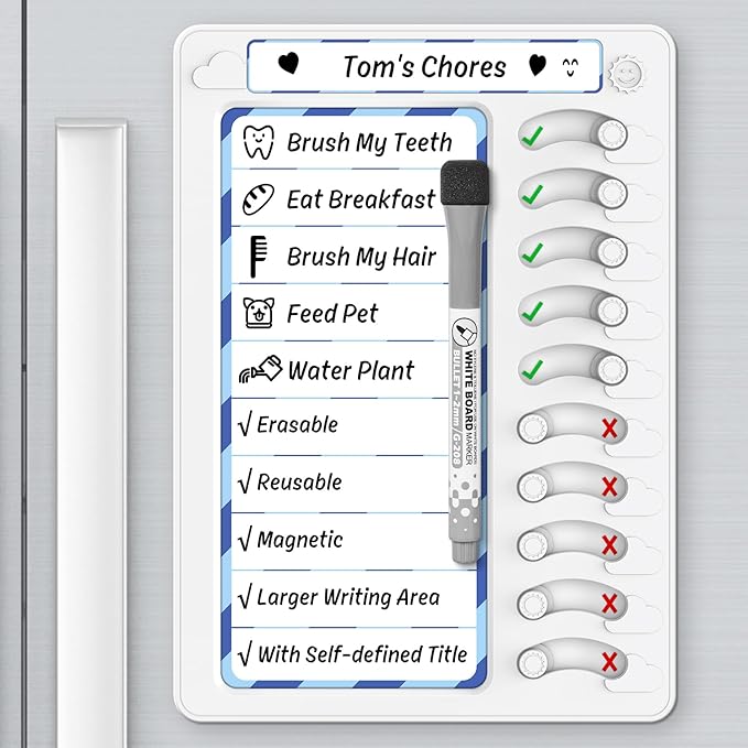 Chore Chart for Kids Dry Erase Chore Board ADHD Tools for Kids to Do List Checklist Task Board Routine Chart Planning Board for Fridge with 10 Sliders and Magnetic Marker, White and Blue, 2 Pack