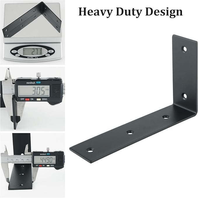 Alise Floating Shelf Brackets Heavy Duty L-Shaped Wall Brackets - Black Angle Corner Braces for Shelves, Stainless Steel Reinforced Shelf Support Bracket for Wooden Boards 7x4 Inch,Pack of 4