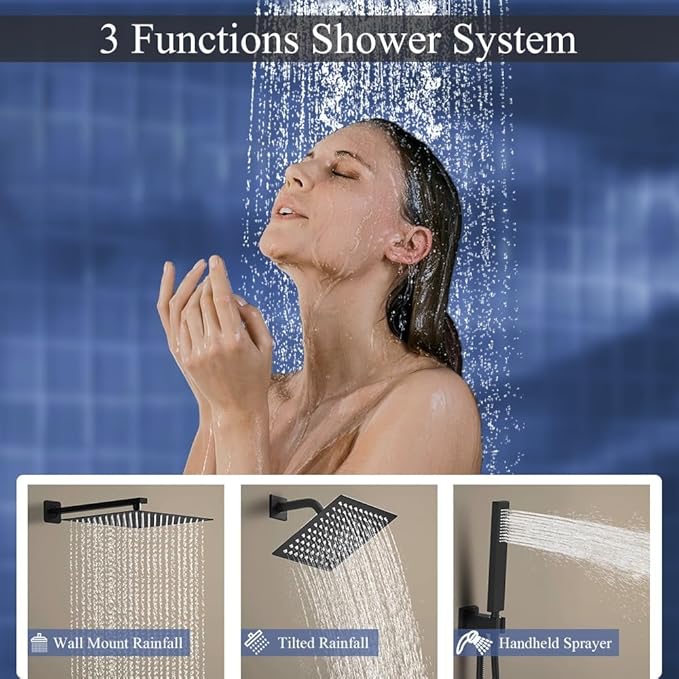 Shower Faucet Set Matte Black Shower System, Knob Switch Diverter Shower Faucet with High Pressure Handheld Spray, Wall Mount 12 Inch Shower Head with 6 Inch Wall Mount Shower Head
