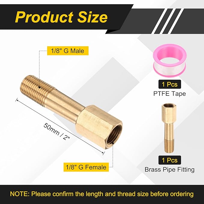 PATIKIL 1/8" g Male x 1/8" g Female Brass Pipe Fitting, Nipple Brass Fitting Extension Pipe Fittings Adapter Connection with Tape 2 Inch / 50mm Length