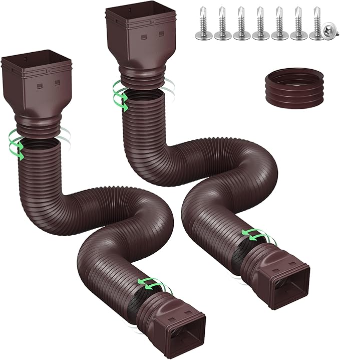 Rain Gutter Downspout Extensions, Downspout Extender for Rainwater Drainage Flexible, Extendable 58"+66" Down Spout Drain Extension Pipes (2 Pack, Brown)