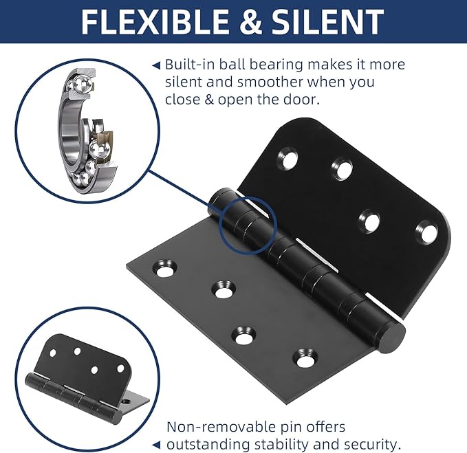 6 Pack Ball Bearing Door Hinges, 4 Inch x 4 Inch Heavy Duty Stainless Steel Door Hinges with Square & 5/8'' Round Radius Corner for Exterior & Interior Doors, Black