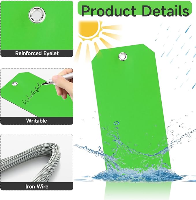 200 Pieces 6 1/4 x 3 1/8 Shipping Tags with String #8 Waterproof Green Tags for Labeling with Wire Blank with Holes Garage Sale for Moving Parts Equipment Garden Outdoor (Green)