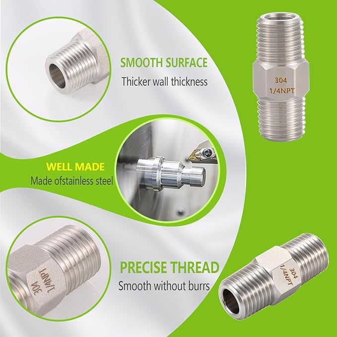 2PCS Hex Nipple 1/4" x 1/4" Male Pipe Fittings, 304 Stainless Steel 1/4 inch NPT Threaded Pipe Adapter Fittings, Male Straight Connector Pipe Fitting