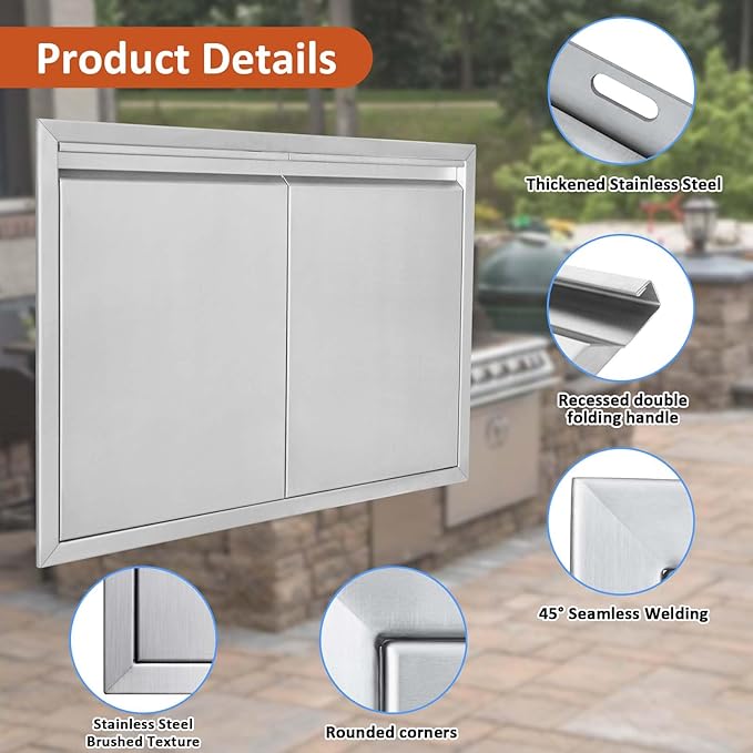 JIE JIN BBQ Access Door 31" W X 24" H Outdoor Kitchen Doors Double Doors Thickened 304 Stainless Steel Outdoor Kitchen Accessories Door for Indoor/Outdoor Kitchen Outdoor Cabinet BBQ Island