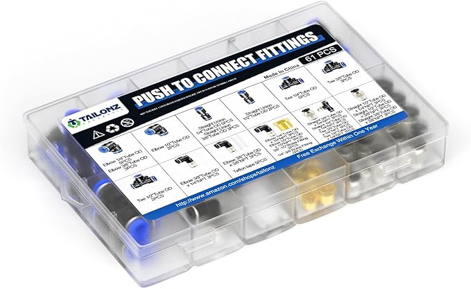 TAILONZ PNEUMATIC 1/4"3/8"1/2" Push to Connect Fittings Air Hose Fittings, Push-in Fittings, Threaded Connection Kits, Suitable for Nylon Tube PU Tube Air Tube and Other Connection Kits（Pack of 66）