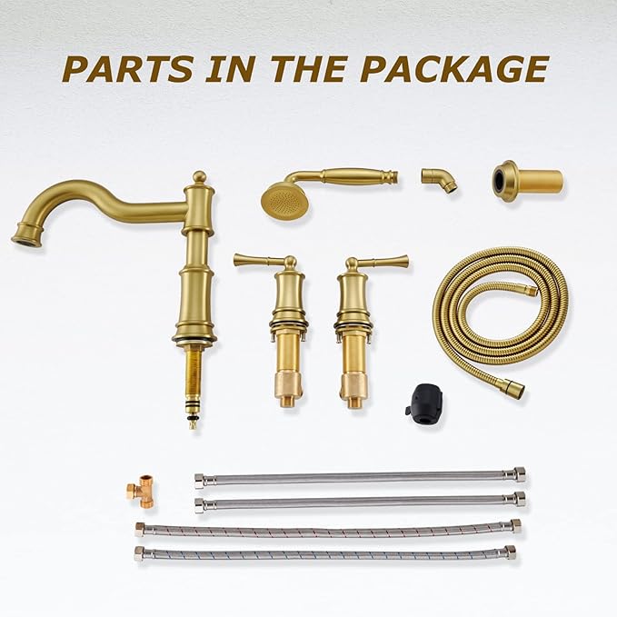 Roman Bathtub Faucet Set With Hand Shower 4 Hole Deck Mount Tub Filler With Diverter, 2 Lever Handle Rough-in Valve and Water Supply Lines Included for Bathroom Tub, Brushed Gold