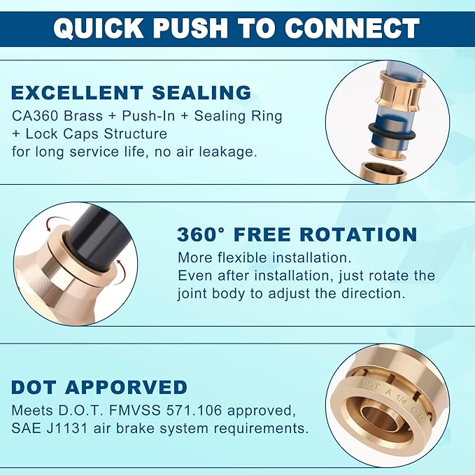 43pcs 100FT 1/4 DOT Air Line Brass Fittings Kit 1/4" OD Quick Push to Connect Fittings Compression Fittings 1/4" SAE J844 PA12 Nylon Air Hose Tubing for Industrial & Truck Brake System