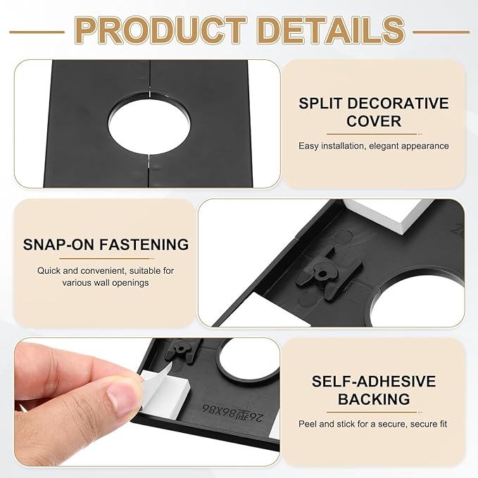 PATIKIL Wall Split Flange 86mm / 3.4" OD, 4 Pcs Square Escutcheon Plate Cover PPR Plumbing Cover Plates with Self-Adhesive Tape for 33mm / 1.3" Dia Water Pipe Faucet, Black