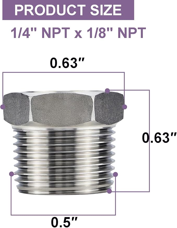 Jingzan 4 Pack 304 Stainless Steel Reducer Hex Bushing 1/4 Male NPT × 1/8 Female NPT Pipe Fitting Adapter with Seal Tape