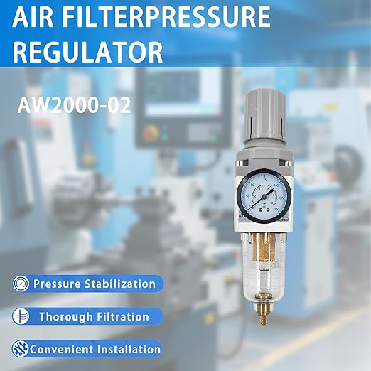 XingNEeng 1/4" NPT Compressed Air Filter Regulator Lubricator Combo, Water/Oil Trap Separator, Gauge(0-150 psi), Semi-Auto Drain, Poly Bowl, 5 Micron Brass Element, Bracket, for Pneumatic Systems