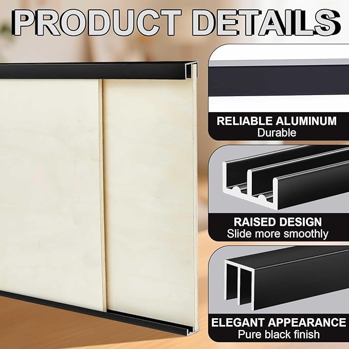 Landical 2 Set 3ft Aluminum Sliding Door Track Set for 1/4" Thick Panels Closet Glass Doors Cabinet Window Aluminum Alloy Metal Sliding Track(Black)